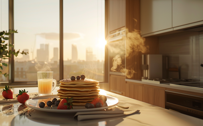 Fluffy egg pancakes stacked on a plate in a bright modern kitchen with city view