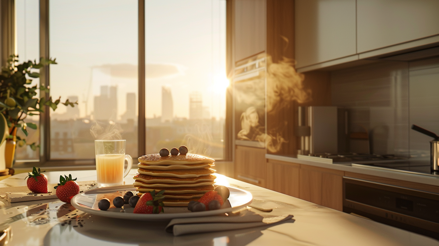 Fluffy egg pancakes stacked on a plate in a bright modern kitchen with city view